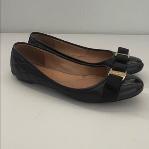 SALVATORE FERRAGAMO Varina Quilted Black Leather Cap Toe Grosgrain Bow Flats 7.5